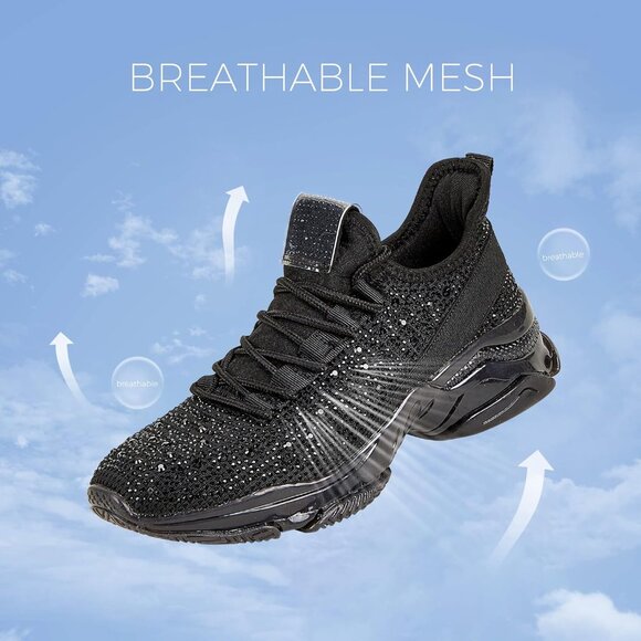 Women Black Rhinestone Mesh Slip On Walking Breathable Sparkle Glitter Sneaker - Picture 4 of 9